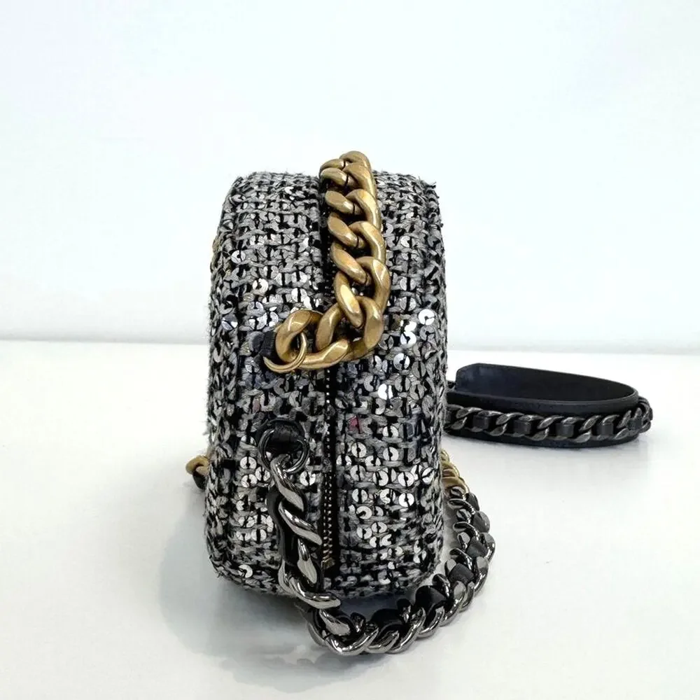 CHANEL 19 Round Gold Chain Sequin Silver Crossbody Mini CC Clutch Shoulder Bag